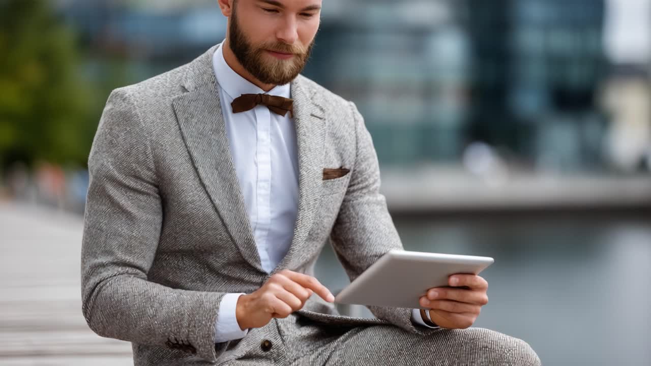 En sofistikeret mand klædt i et stilfuldt gråt jakkesæt og butterfly sidder ved vandet og bruger sin tablet. Han udstråler selvtillid og elegance i en fredfyldt udendørsomgivelse.