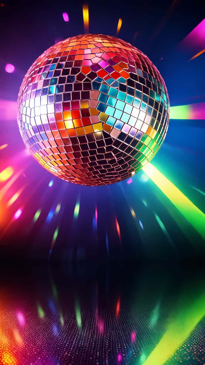 Vibrant disco ball reflecting colorful lights, captured from a low angle