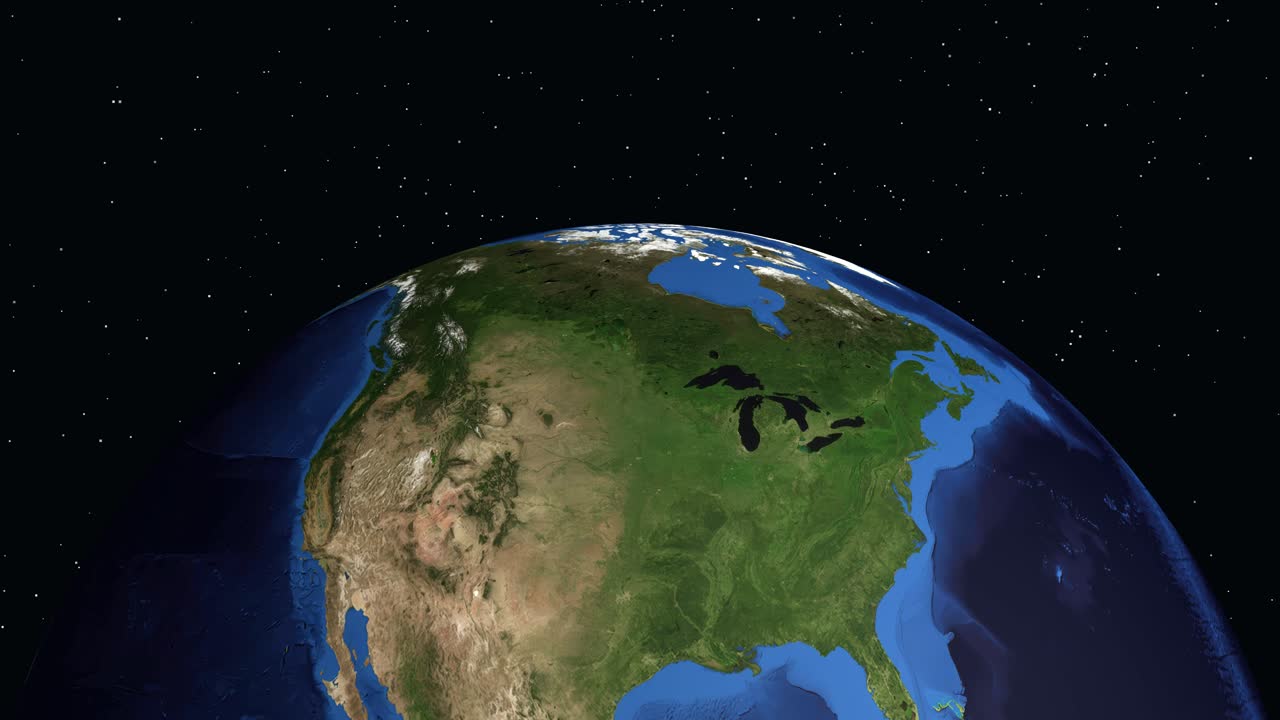 Digitaalinen animaatio zoomaa avaruudesta Pohjois-Amerikkaan ja tarkentaa Winnipegiin, Kanadaan.