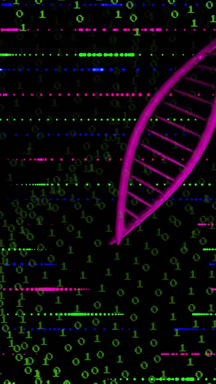 Vertical video: Binary digits rising, pink helix entering right rotating and aligning showing data