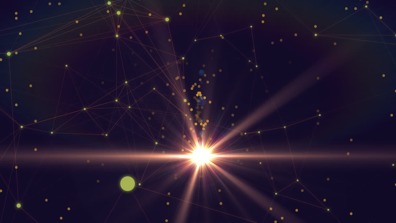 검은 바탕에 움직이는 빛의 반점과 연결 네트워크의 애니메이션