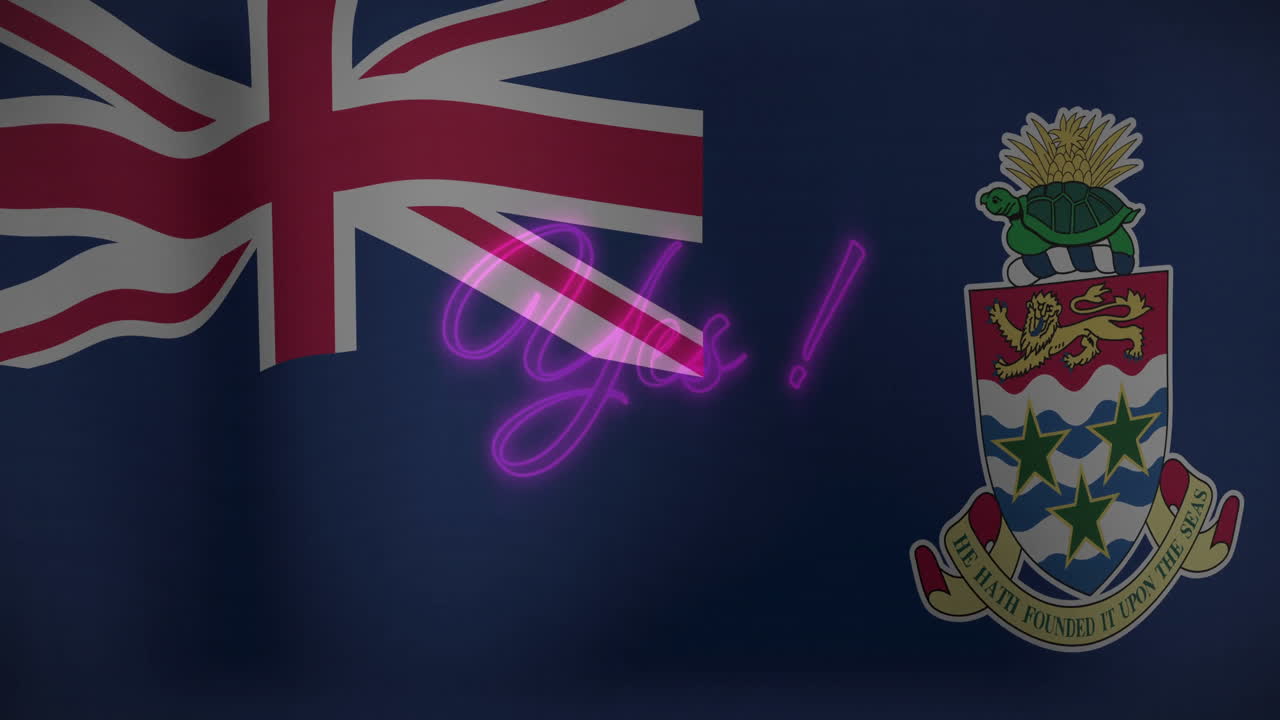 Animation of Cayman Islands flag with neon pink Yes! text overlay