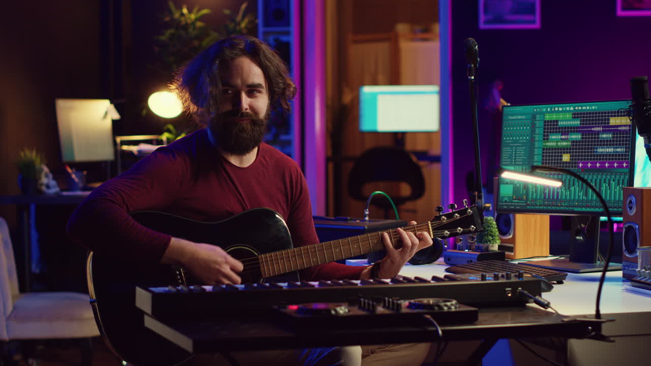 músico toca la guitarra acústica y graba la melodía para componer una nueva canción
