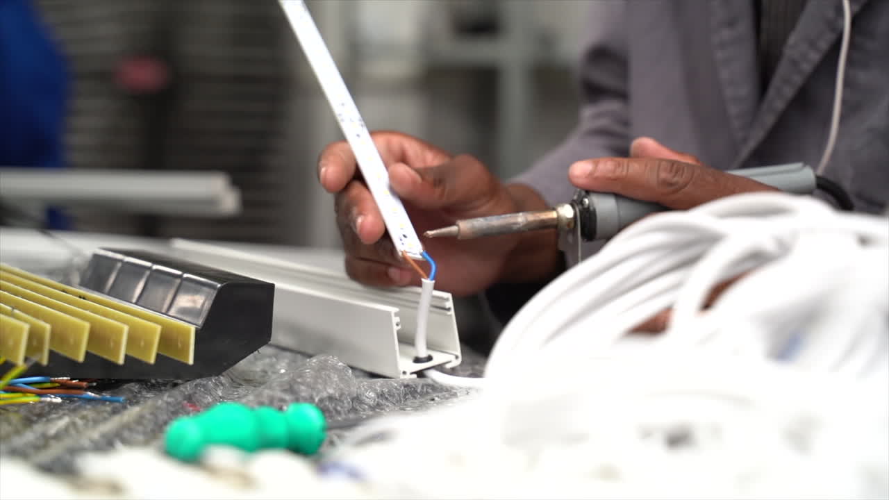 electricista soldando una barra led para una lámpara grande