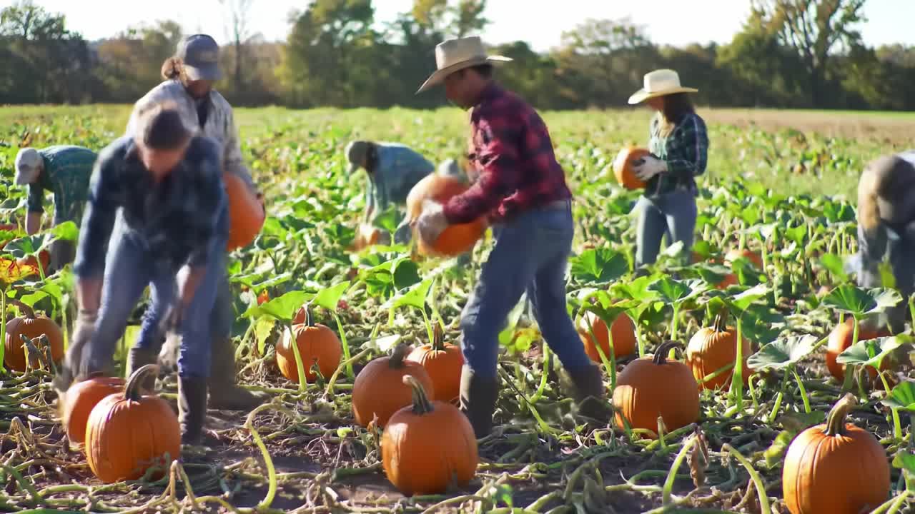 Pumpkin Harvesting Season: A Vibrant Scene of Agricultural Labor in a Sunlit Field Filled with Lush Green Vines and Bright Orange Pumpkins