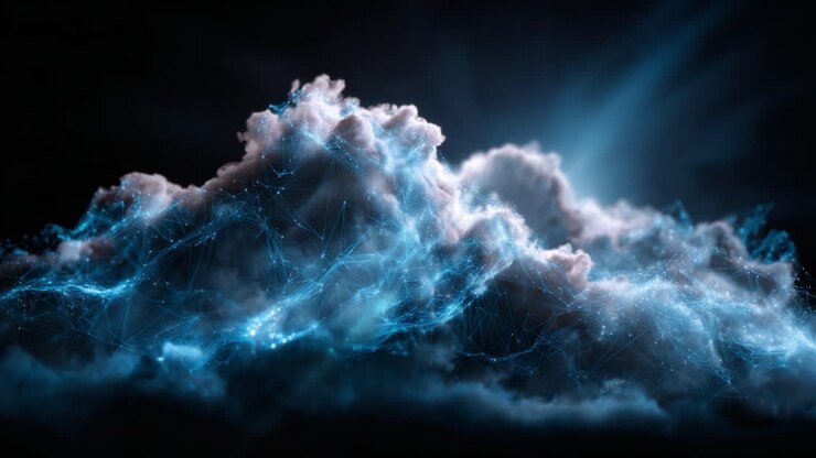 Una straordinaria visualizzazione di nuvole illuminate da luce digitale e modelli, che cattura la maestosità della natura fusa con la tecnologia in una surreale rappresentazione artistica