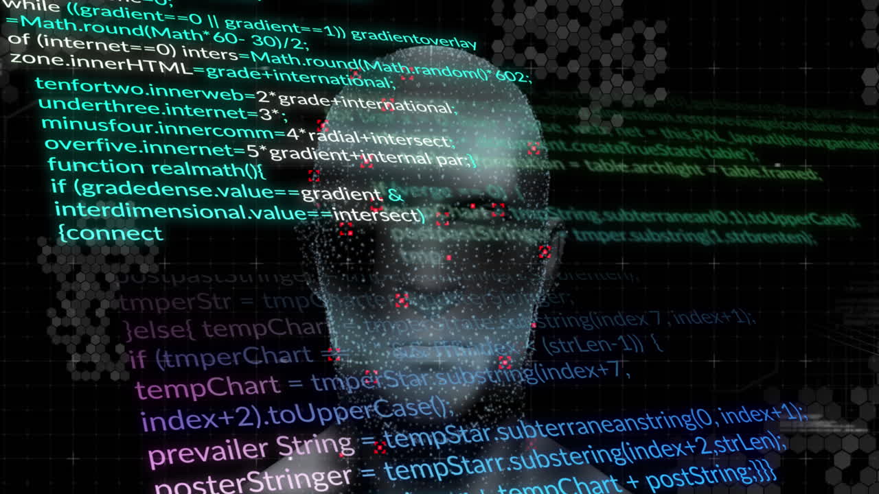 animación de la cabeza digital y procesamiento de datos sobre fondo negro