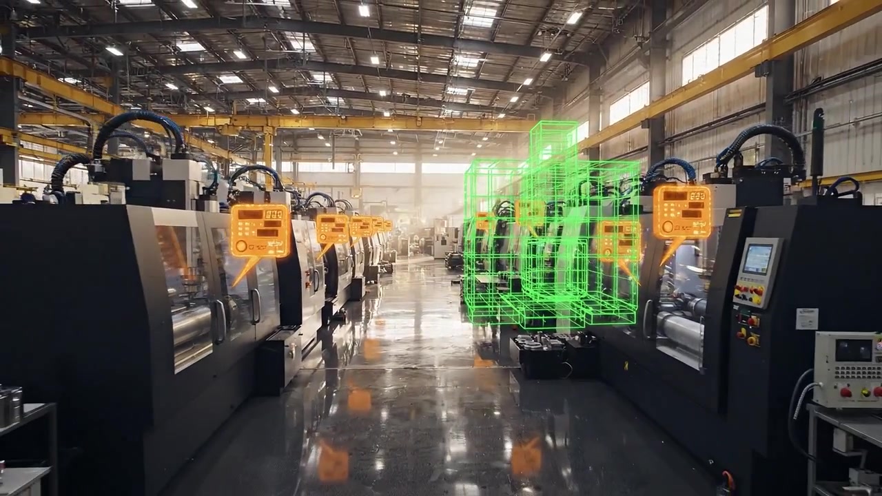 Advanced Manufacturing Facility Showcasing Modern CNC Machines with Precision Components and Digital Design Overlay for Enhanced Production Efficiency