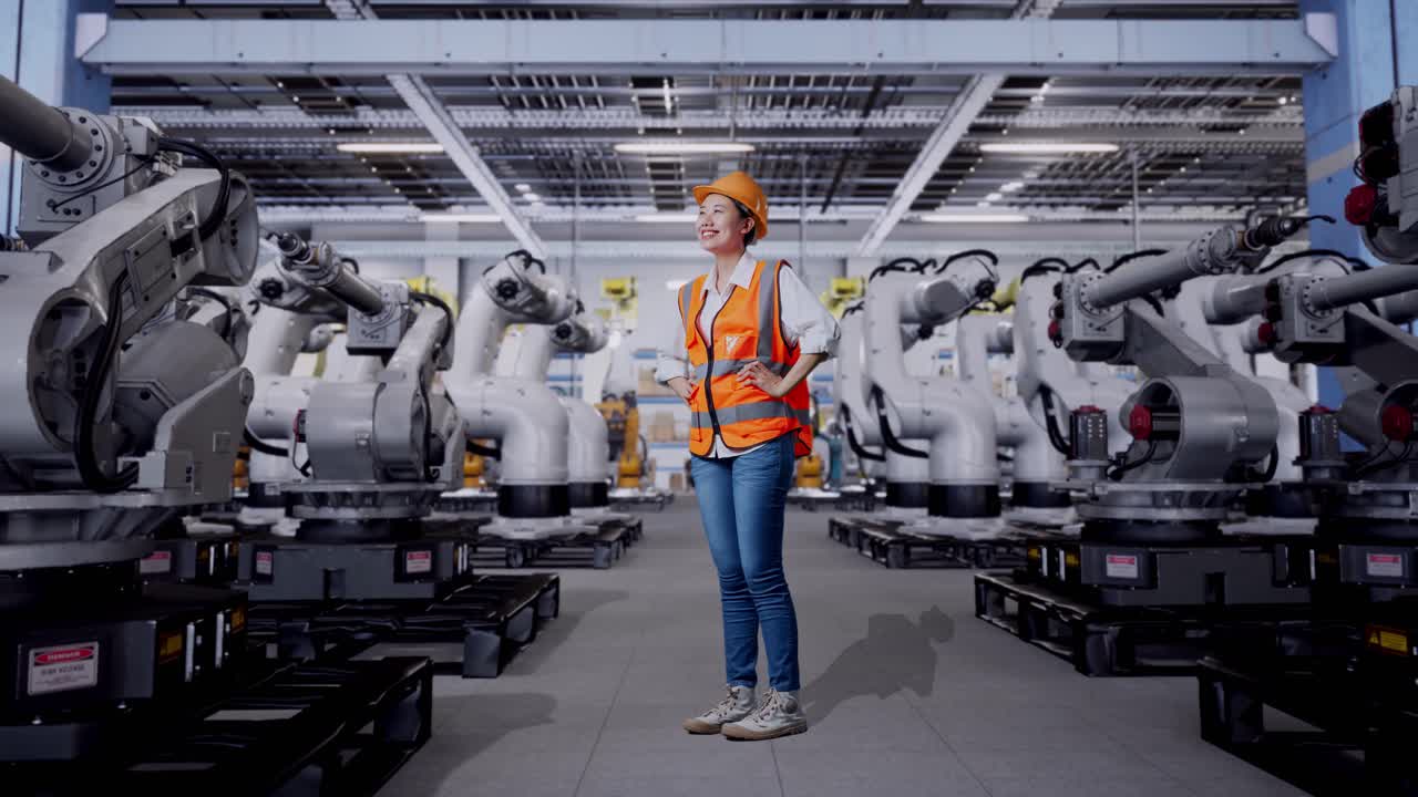 Female Engineer Standing in a Modern Robotic Factory