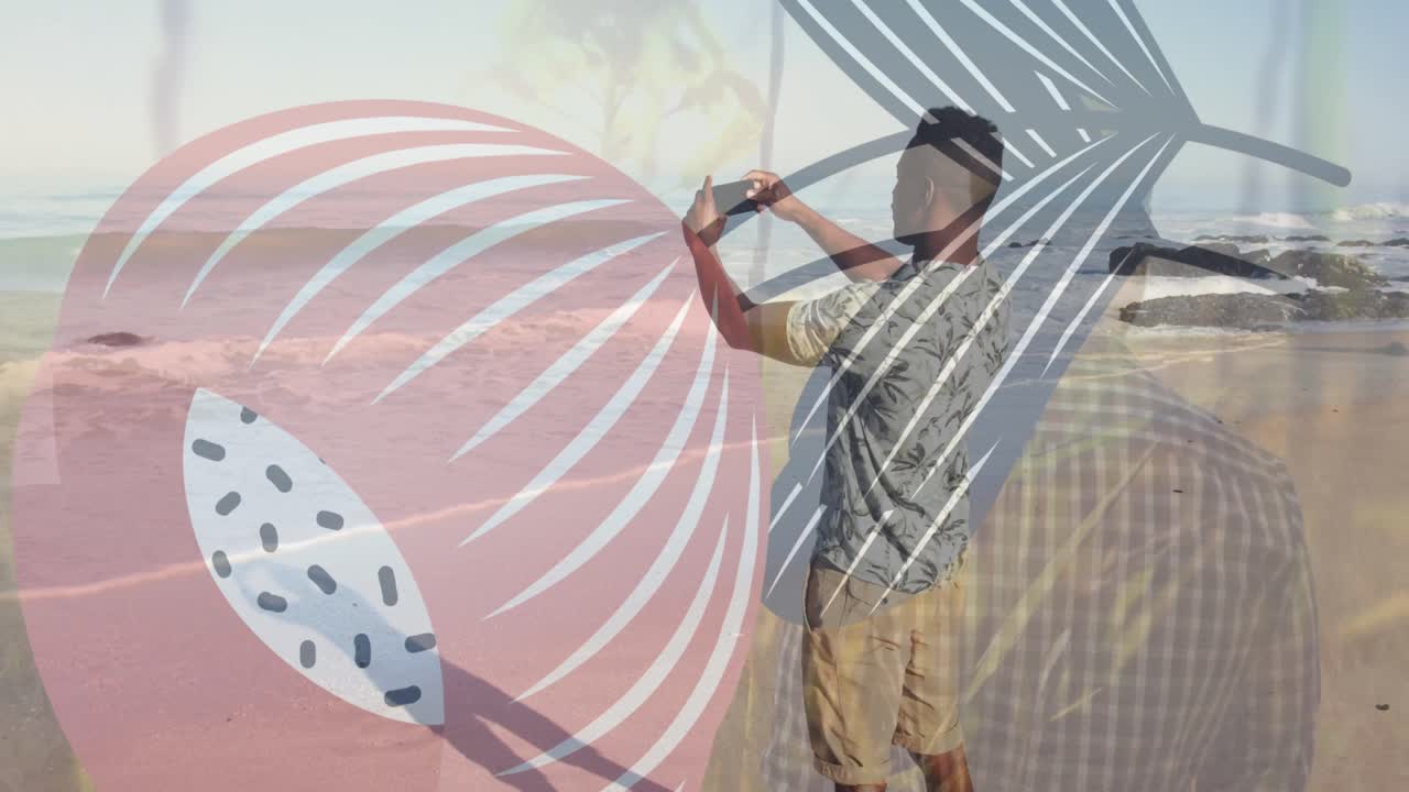 animación de flores sobre el hombre tomando una foto del mar