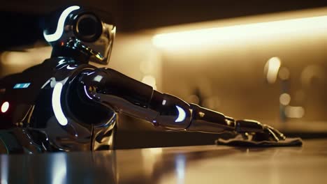 a futuristic robot engaged in cleaning duties in a modern kitchen, showcasing advanced technology and robotic innovation in household chores