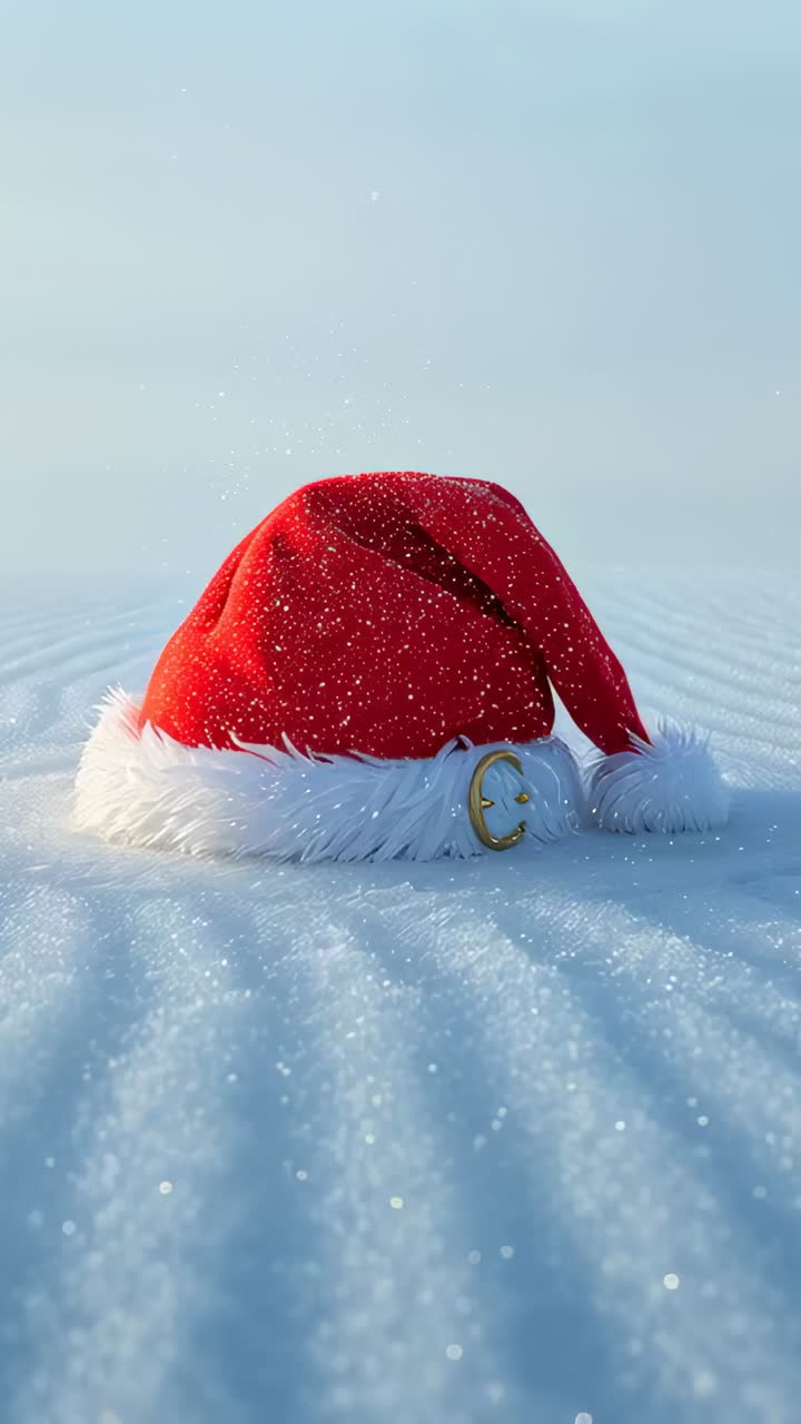 Vertical video: Lying red Santa hat with white pom and gold buckle, catching snow on rippled field