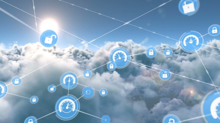 Animation of network of connections with icons over sky with clouds