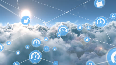 animation of network of connections with icons over sky with clouds