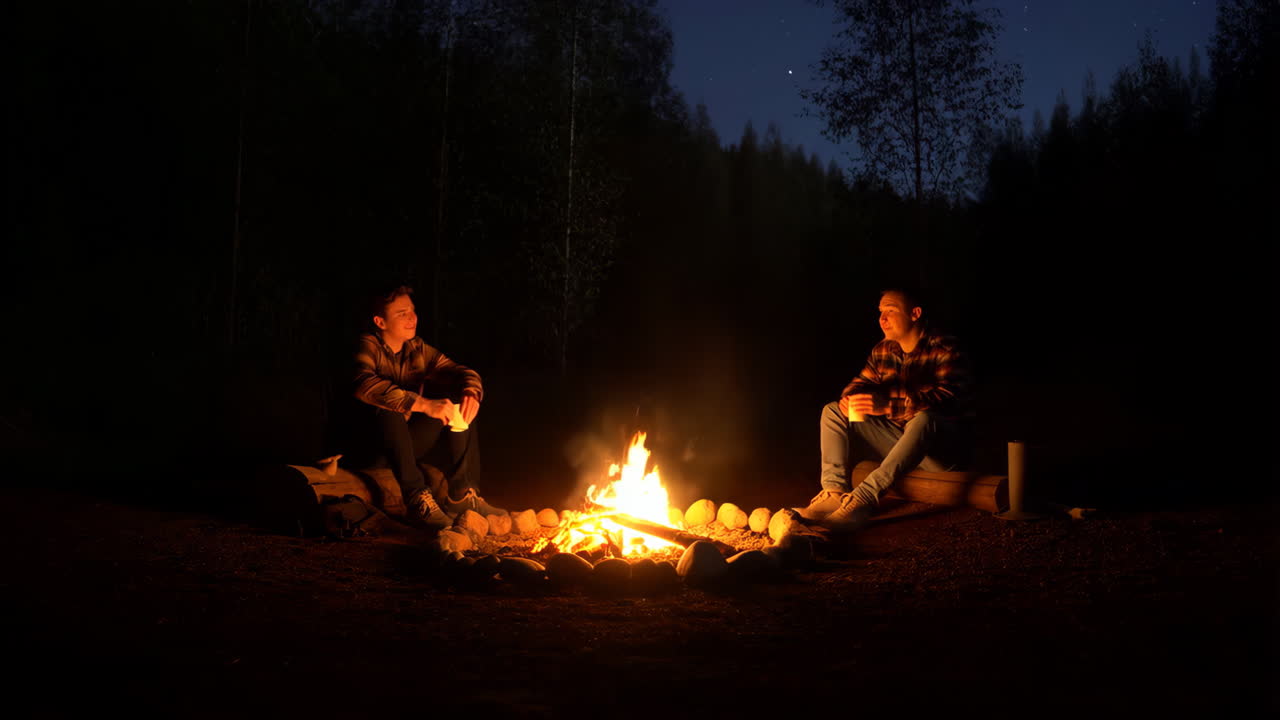 Two people around a campfire at night