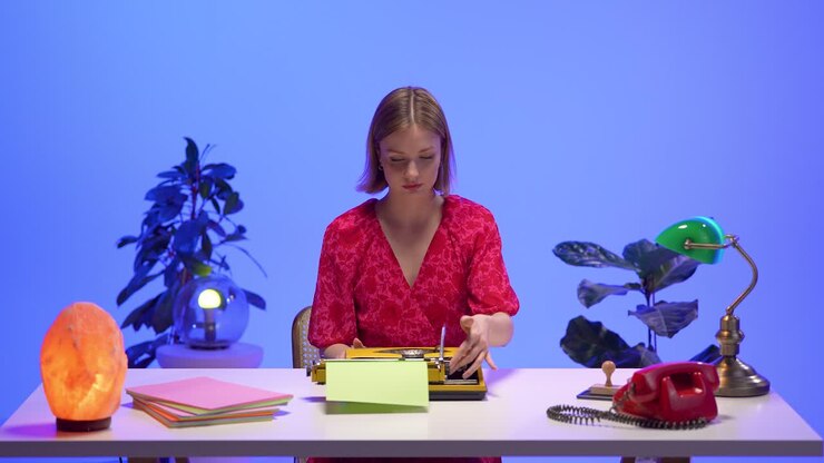 Una donna sorridente con un vestito floreale rosso siede dietro una macchina da scrivere gialla a una scrivania retrò. Circondata da oggetti nostalgici e illuminazione calda, irradia calma e creatività in uno spazio di lavoro vintage