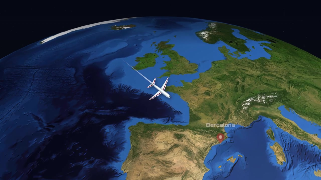 A digital animation tracks a commercial airplane flying from Seattle across the Atlantic to Barcelona