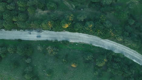 top down aerial view single vehicle driving long curved road through woodland foliage