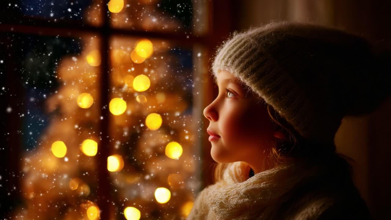 A Child Gazes Dreamily Through a Window at a Snowy Scene, Enchanted by the Glowing Lights of a Festive Christmas Tree, Surrounded by Soft Snowflakes and a Cozy Holiday Atmosphere