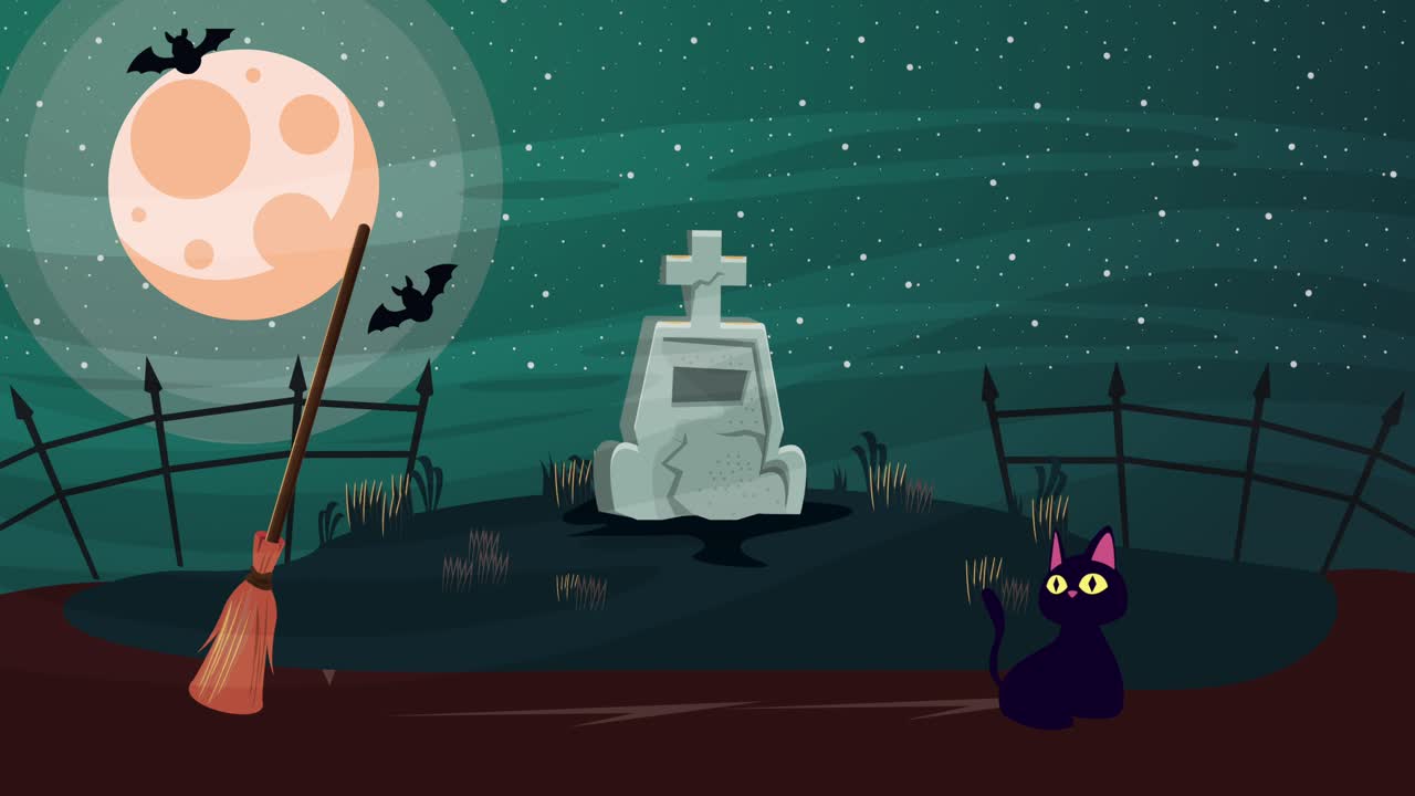 묘지에서 작은 고양이와 함께 행복한 할로윈 애니메이션 장면