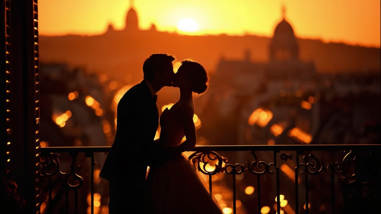 Ciuman Matahari Terbenam Romantis: Menangkap Keintiman Antara Pasangan yang Bersiluet dengan Latar Belakang Cakrawala Emas, Melambangkan Cinta dan Kebersamaan