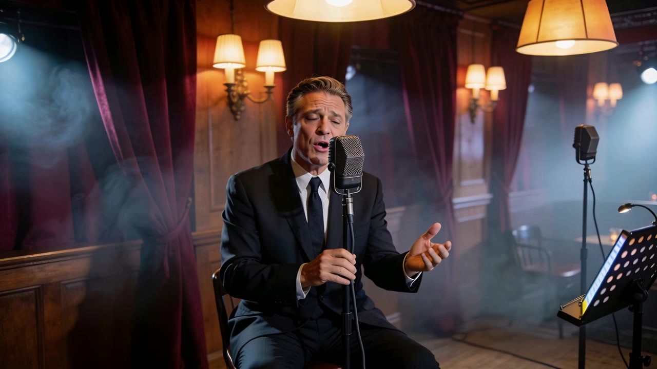 Riflettore che illumina un cantante in abito scuro e cravatta, con microfono vintage, che canta in un club in modo espressivo.