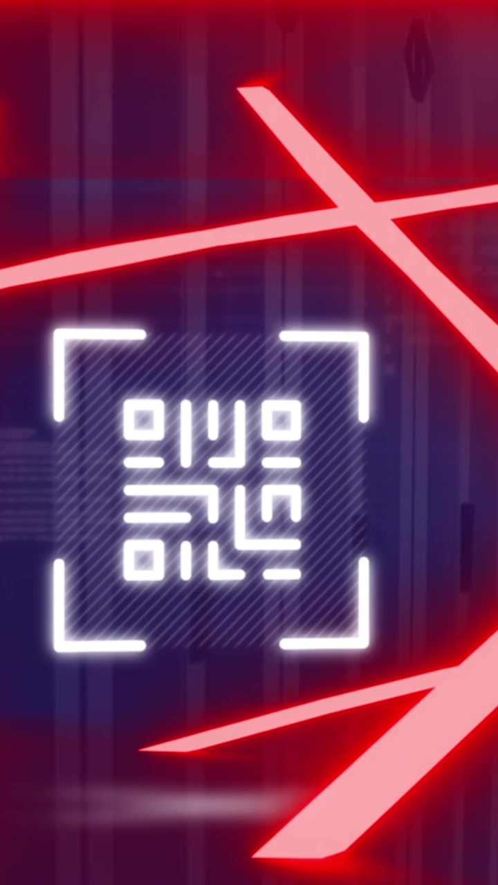 Animation of neon qr code scanner and data processing against computer server room