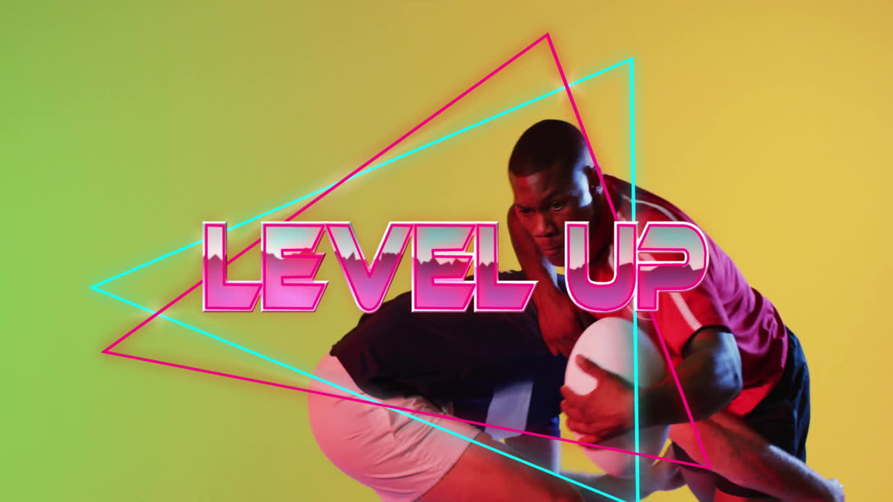 Animation of level up text over neon pattern diverse rugby players