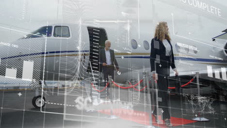 business professionals exiting private jet with data processing animation overlay