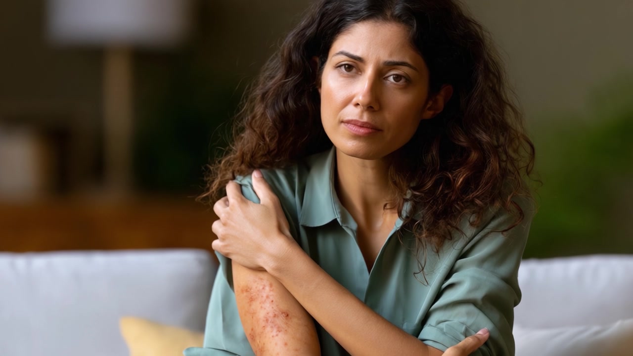 Uma Mulher Reflete Sobre Sua Jornada com Condições de Pele, Evocando Emoção e Resiliência Através de Sua Expressão Pensativa em um Espaço de Convivência Confortável