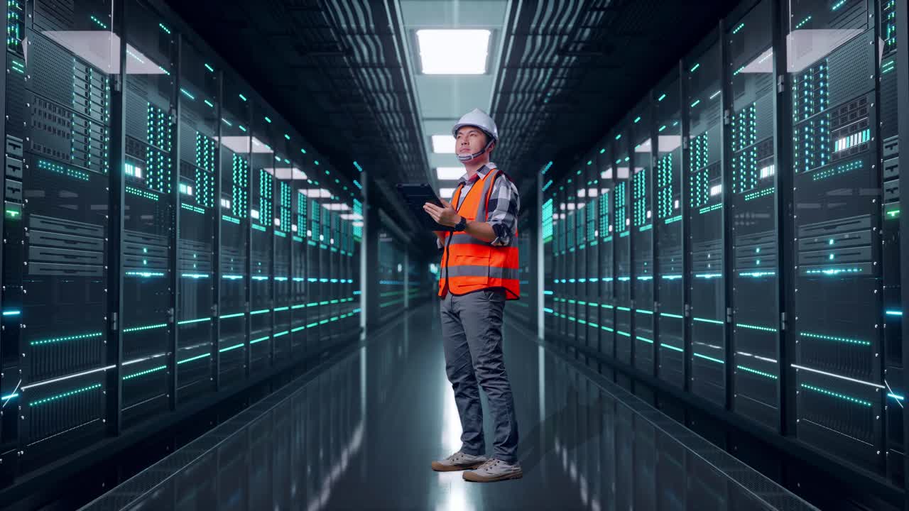 Full Body Side View Of Asian Male Engineer With Safety Helmet Looking At The Tablet In His Hand And Looking Around While Standing in Server Room Data Center