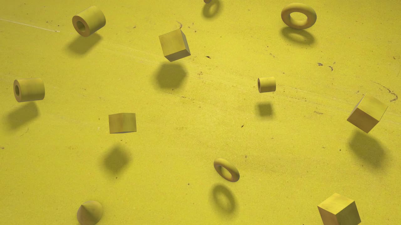 쾌활한 노란색: 빛이 밝은 노란색 큐브, 베이글, 실린더, 회전의 원활한 윤 배경의 3d 애니메이션. 프레젠테이션에 훌륭합니다.