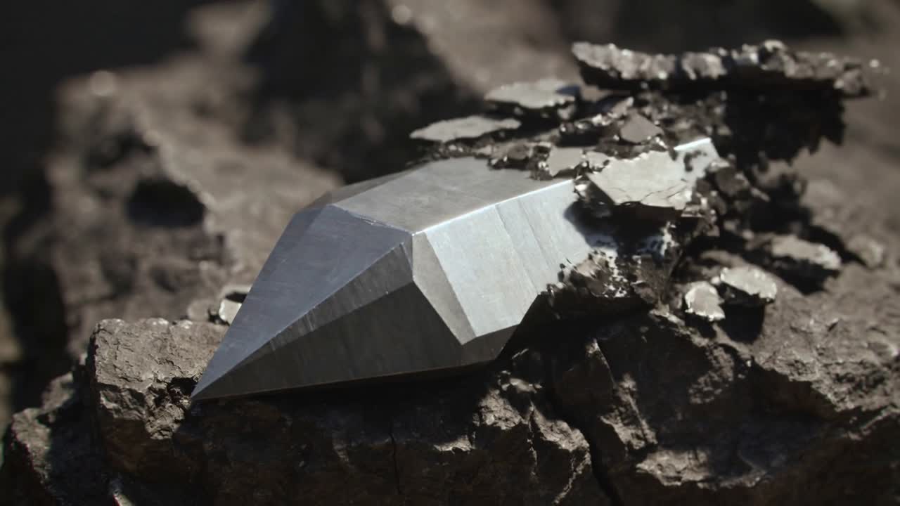Fracturing crust revealing faceted metal object on rough rock base, flakes scattering glints