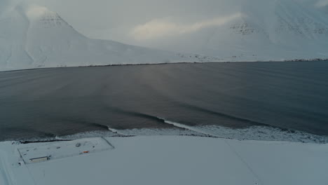 punto de ruptura congelado vacío en islandia durante el invierno con montañas cubiertas de nieve que rodean