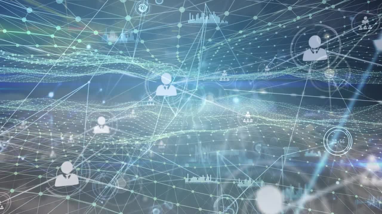 파란색 배경에 아이콘과 데이터 처리를 가진 연결 네트워크의 애니메이션