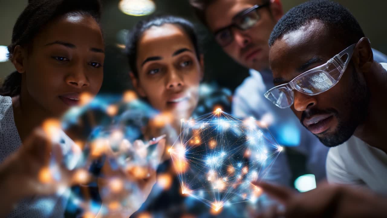 A group of diverse individuals collaborates intensively, examining intricate digital connections and data visualizations, symbolizing teamwork and innovation in technology and research fields