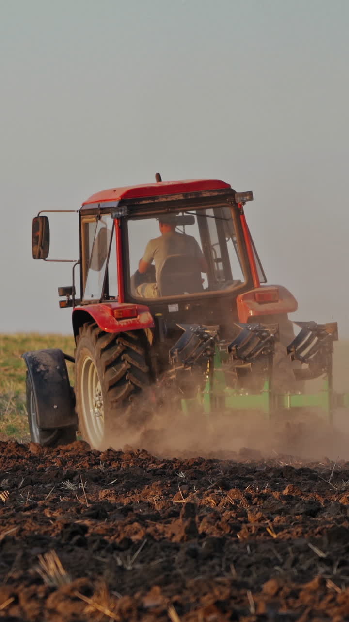 Back view of a tractor plowing the soil. Agricultural machinery preparing land for further works on the field. Process of cultivation the ground. Vertical video