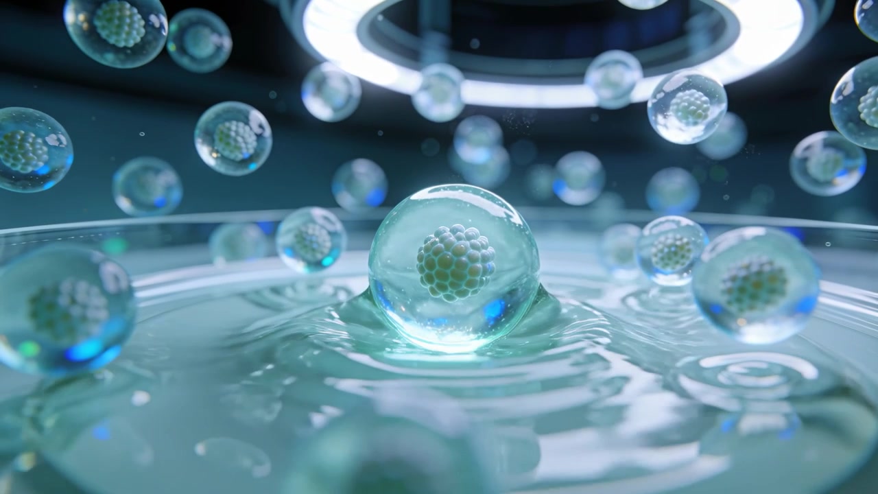 質感のある中心のしずくが水面に落ち、柱状の水しぶきと波紋、そして輪状の反射を作り出す