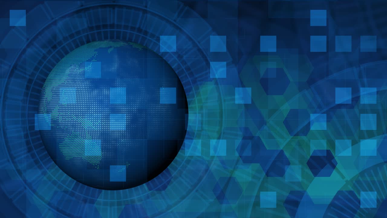 digital blue planet earth and floating pixel data squares, international business connection and communication, technology network background, breaking news, corporate and presentation backdrop