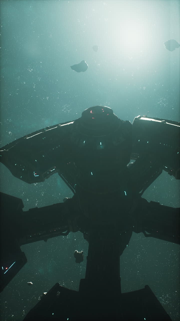 una enorme nave espacial explora la inmensidad del espacio cerca de los campos de asteroides