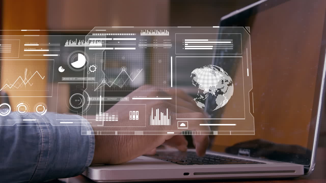 animación del procesamiento de datos financieros sobre empresarios que usan computadoras portátiles