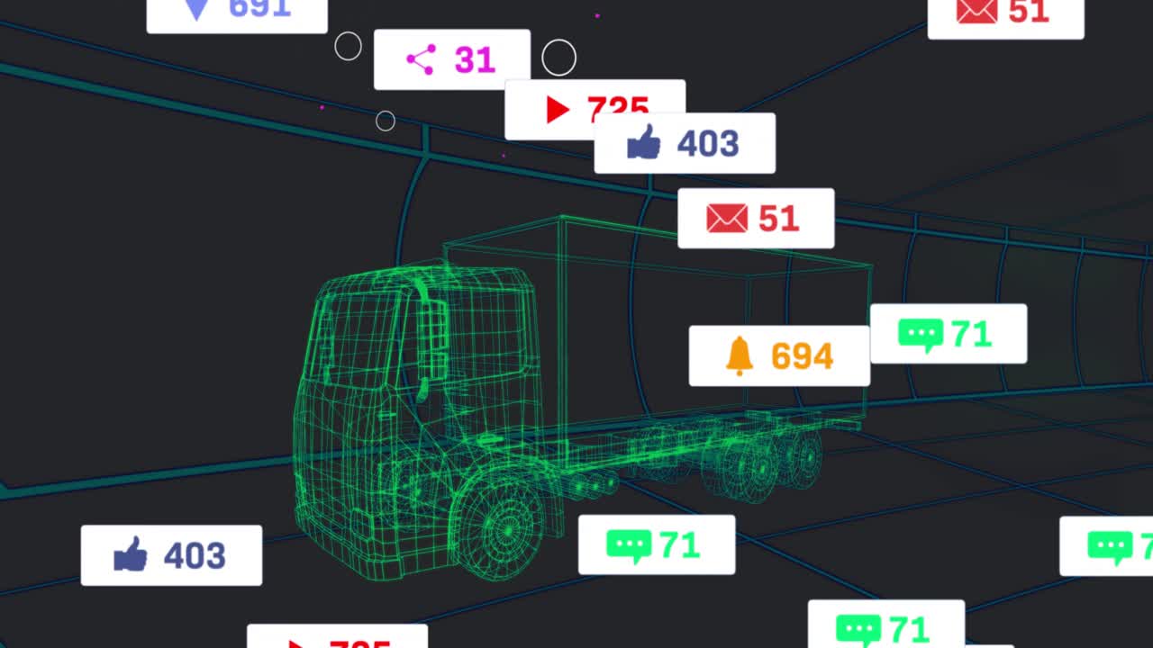 Wireframe truck sitting in teal tunnel, badges entering, pulsing, clustering, showing social surge