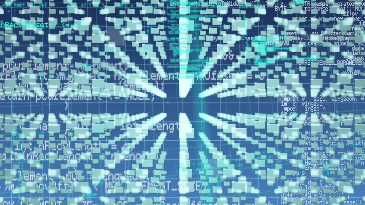 파란색 배경에 데이터 처리를 통해 녹색 모양과 아이콘의 애니메이션