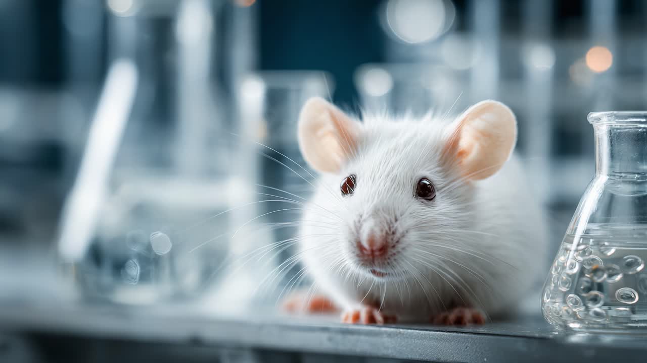 A Close-Up Look at a White Laboratory Mouse Curiously Exploring a Scientific Workspace Surrounded by Glassware and Laboratory Equipment
