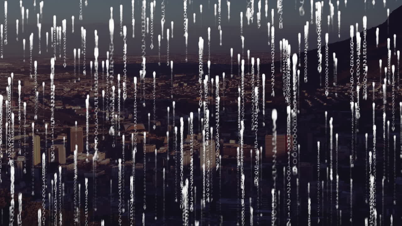 도시 풍경 위의 데이터 처리 애니메이션