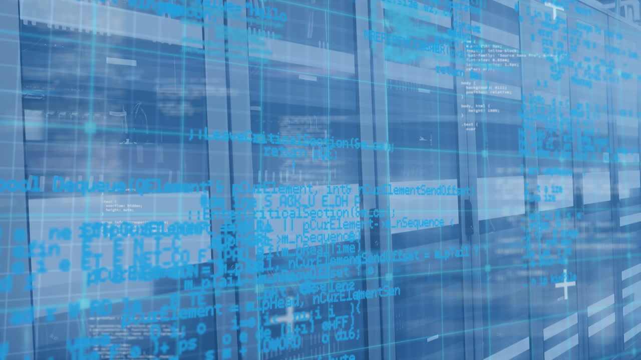 animación del procesamiento de datos contra la sala técnica de los servidores informáticos