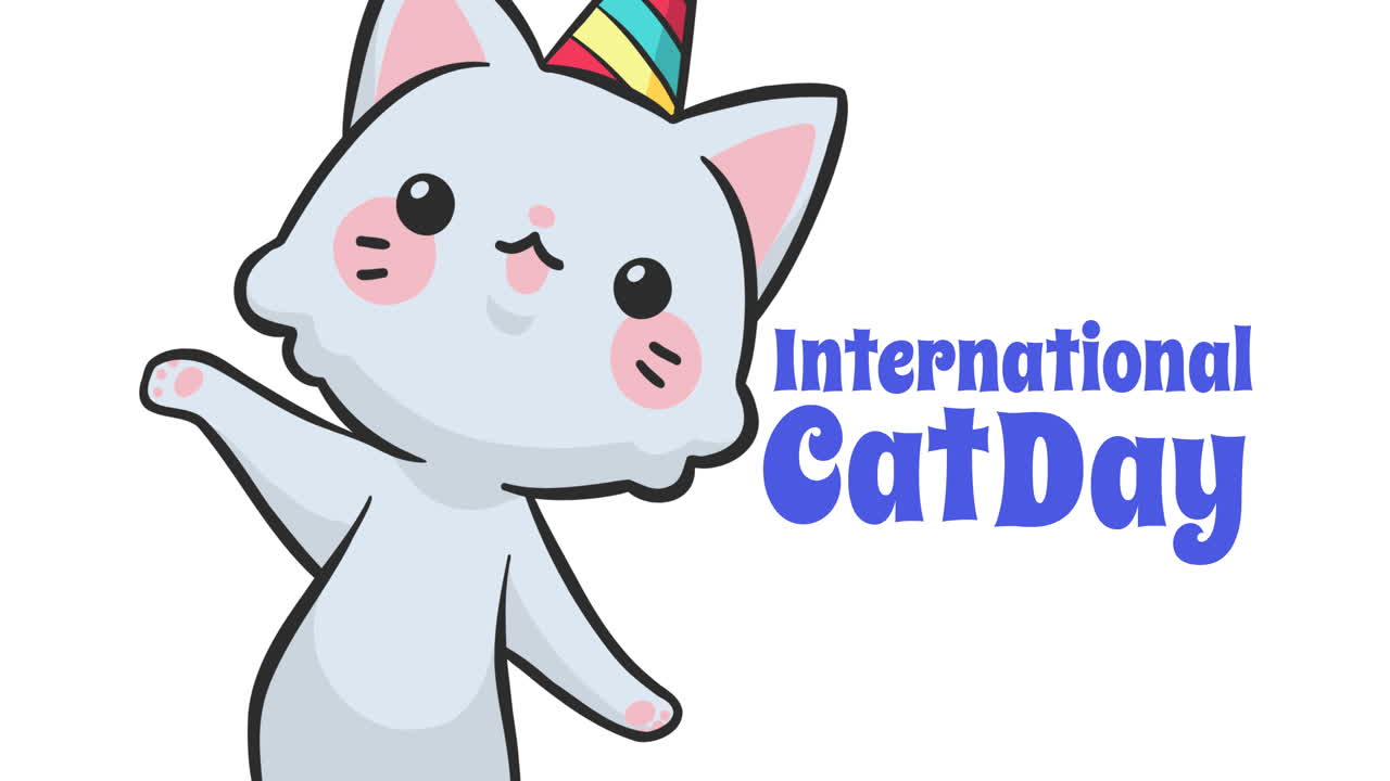 고양이 아이콘과  ⁇ 색 배경 위에 국제 고양이 날 텍스트의 애니메이션