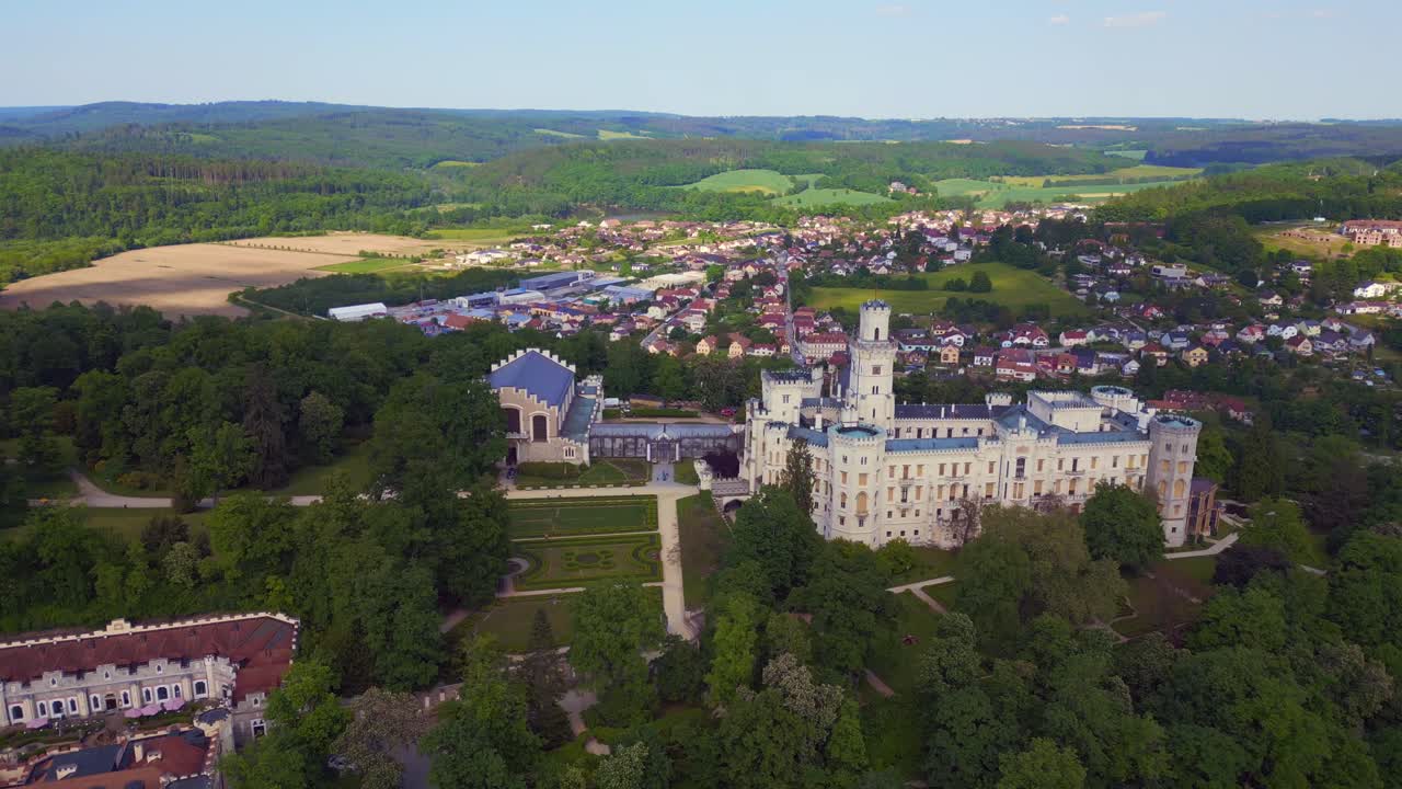 Wonderful aerial top view flight Hlubok&aacute; Nad Vltavou is a Fairy tale castle in Czech Republic Europe, summer day 2023