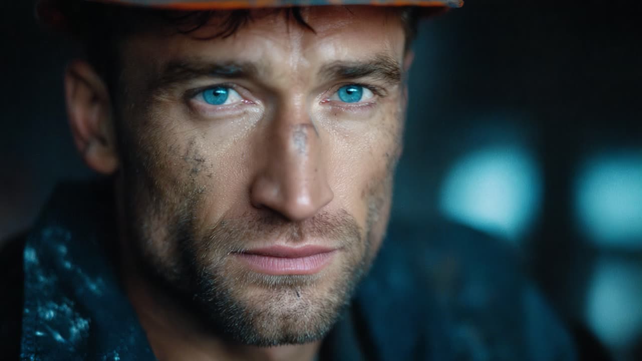 A Gritty Portrait of a Determined Worker: Close-up of a Laborer with Drenched Features and Intense Expression Captured in the Gloom of an Industrial Setting