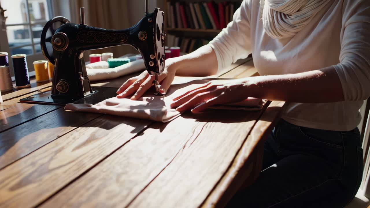 Woman sewing on a vintage sewing machine